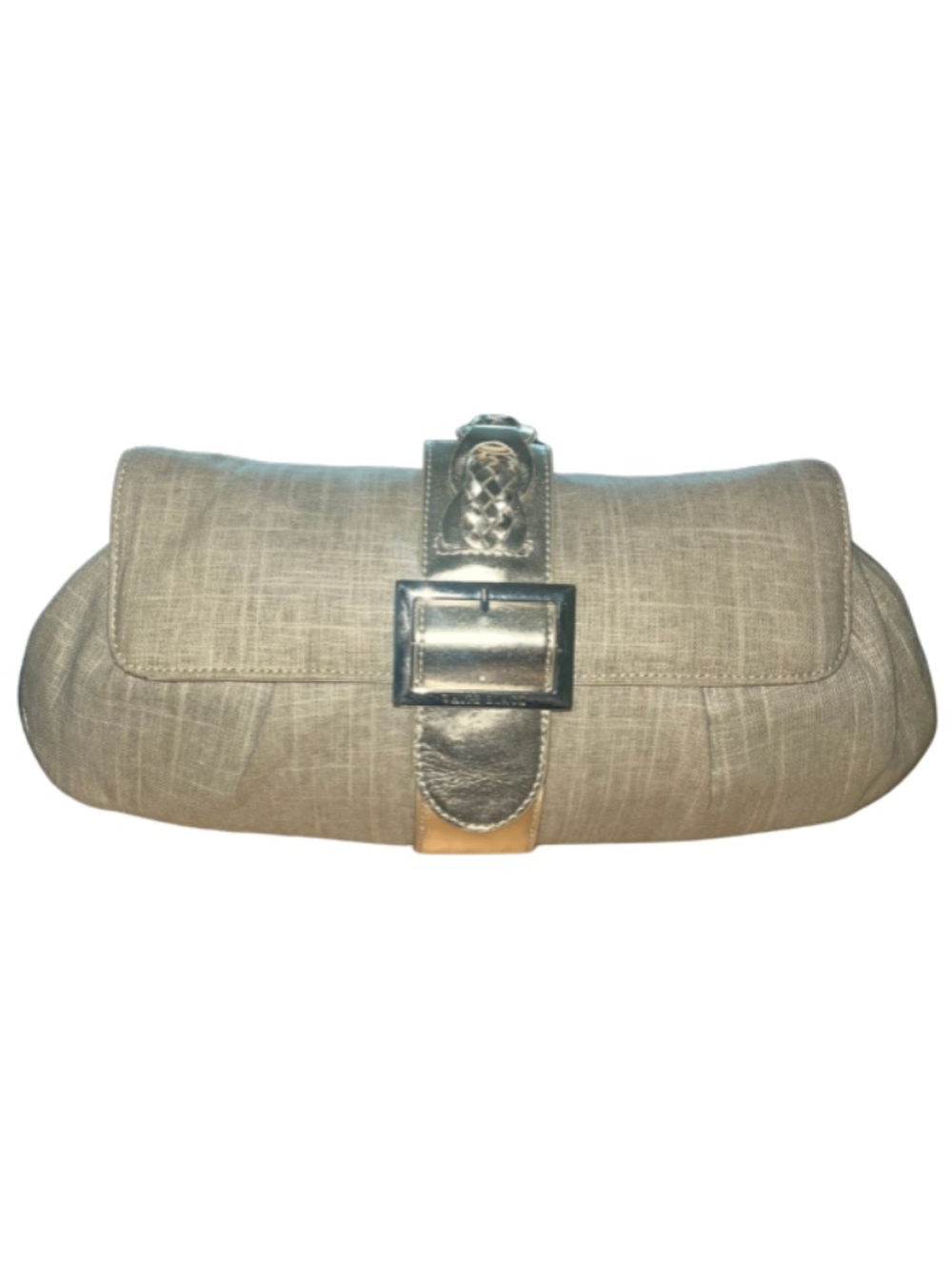 White House Black Market Silver and Tan Linen Braided Buckle Evening Clutch - Picture 2 of 13